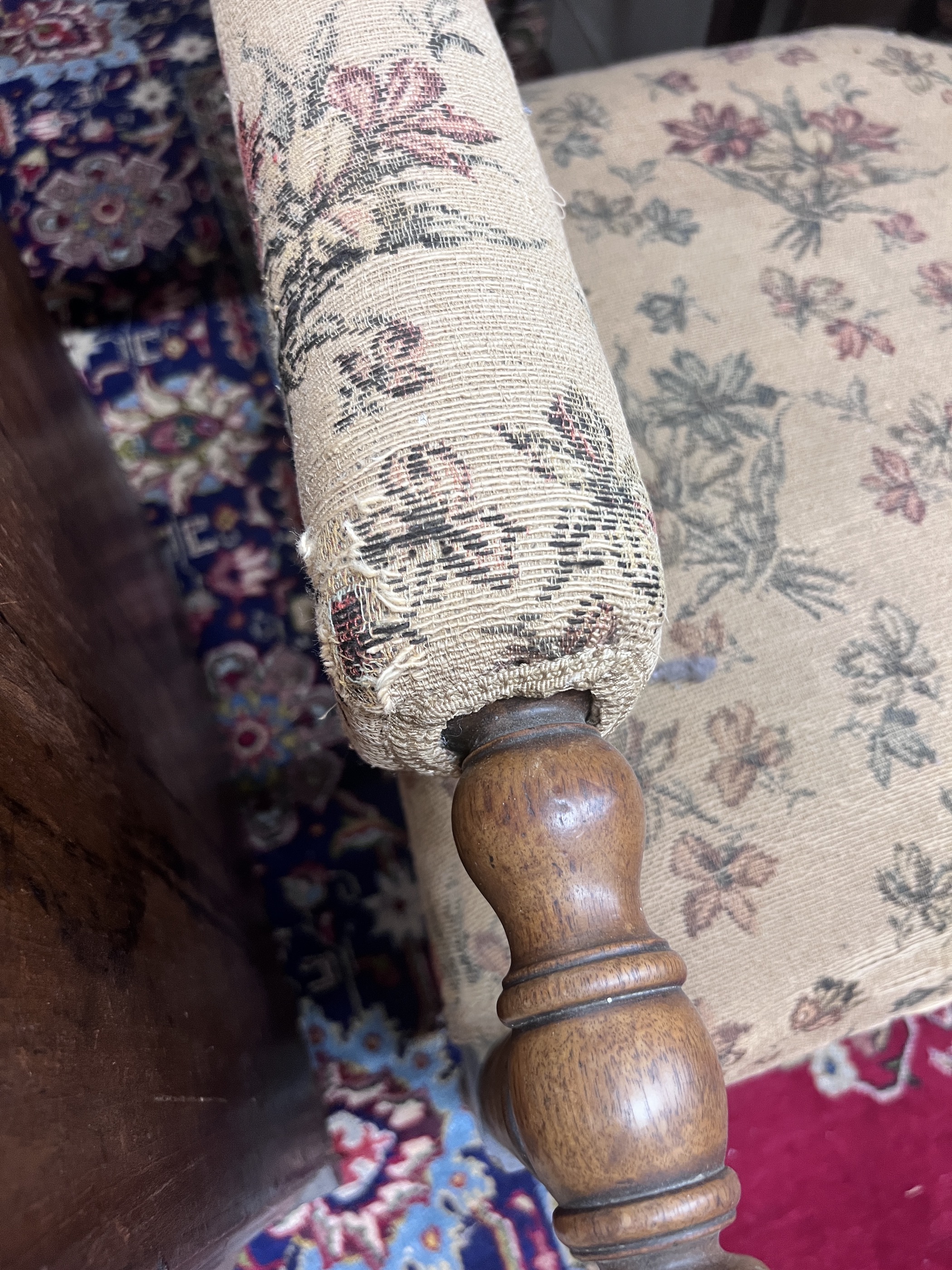 A Victorian carved spiral turned mahogany armchair, width 60cm, depth 60cm, height 118cm